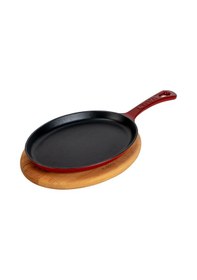 Resim Lava Döküm Oval Fajita Tabağı Döküm Demir Yekpare Saplı Kayın Servis Ahşabı Ölçü 17x23cm.-bordo Bordo 