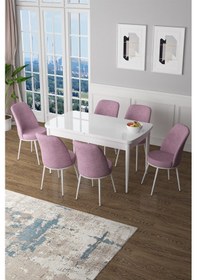 Resim Canisa Zen Serisi 80x132 Mdf Açılabilir Beyaz Masa Takımı Ve 6 Pembe Sandalye Masa Beyaz Sandalyeler Pembe 