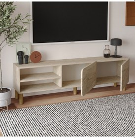 Resim İnarch Dizayn River 150 Cm Modern Tv Sehpası Kapaklı Ve Raflı Tasarım Traverten 