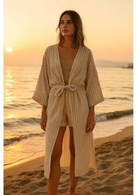 Resim Enhitbaby Udenya Çizgili Oversize Müslin Kimono + Hediye Toka Ekru 