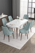 Resim Canisa Noa Serisi 80x132 Mdf Açılabilir Beyaz Masa Ceviz Ayak Masa Takımı Ve 6 Su Yeşili Sandalye 