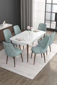 Resim Canisa Noa Serisi 80x132 Mdf Açılabilir Beyaz Masa Ceviz Ayak Masa Takımı Ve 6 Su Yeşili Sandalye 