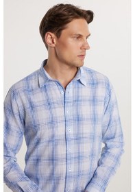 Resim Tudors Erkek Slim Fit Dar Kesim %100 Pamuk Keten Doku Kareli Gömlek-33082 Çok Renkli 