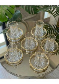 Resim Çnr Home Collection 12 Parça 6 Kişilik Kristal Kesim Çay Bardaği Seti Gold 