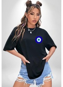 Resim Nazar Boncuğu Siyah Oversize Unisex Ön Sol Yan Minimal Baskılı Tişört Koyu Siyah 