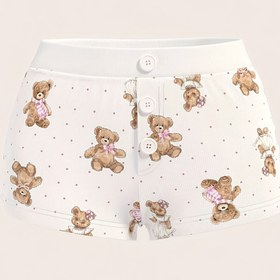 Resim Kadınlar İçin Sevimli Ayıcık Baskılı Pijama Şortları - Rahat Polyester, Düğme Kapamalı Esnek Bel Bandı, Makinede Yıkanabilir, Pembe Vurgularla Beyaz, Günlük Ev Giyimi|Oynak Ayı Tasarımı|Polyester Kumaş 