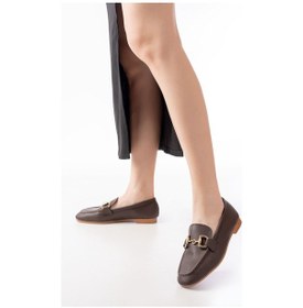 Resim 303 Kahverengi Toka Aksesuarlı Günlük Kadın Babet Beyaz 