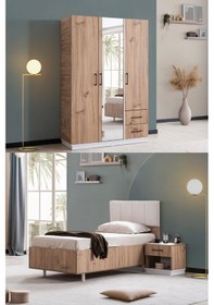 Resim Genç Odası Efes 3 Kapaklı Dolap,bazalı Karyola,komodin Ceviz Krem Ceviz 