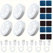 Resim 6 adet USB şarj edilebilir LED hareket sensörlü ışık, iç mekan yapışkanlı manyetik dolap lambası, indüksiyonlu ışık, 8LED ışık, pil ile çalışır, şarj edilebilir pil, 120° ultra geniş hareket algılama, kablosuz 