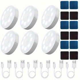 Resim 6 adet USB şarj edilebilir LED hareket sensörlü ışık, iç mekan yapışkanlı manyetik dolap lambası, indüksiyonlu ışık, 8LED ışık, pil ile çalışır, şarj edilebilir pil, 120° ultra geniş hareket algılama, kablosuz 