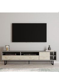 Resim Luga Kapaklı Tv Ünitesi, Tv Sehpası - Metal Siyah Ayak - Gri/traverten - Sis Gri/traverten Sis Gri/traverten 