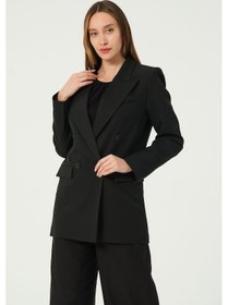 Resim Siyah Regular Astarlı Kruvaze Kapama Dokuma Blazer Ceket 001 