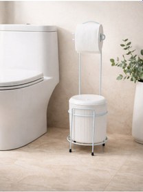Resim Metal Standlı Tuvalet Kağıtlığı Ve Kapaklı Çöp Kovası Seti Modern Banyo Düzenleyici Beyaz 
