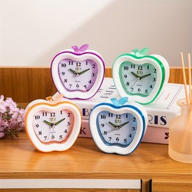 Resim Elma Şeklinde Analog Alarm Saati - Metal ve Plastik Meyve Temalı Masa Saati ile Bip Alarm - Düzensiz Şekil, AA Pil ile Çalışır, Seyahat Dostu, Sessiz Mekanizma - Şirin Karikatür Tarzı Yatak Odası Başucundaki Masa Saati Hediye 