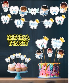 Resim Erkek 32 Parça İlk Dişim Çıktı Diş Buğdayı Erkek Süs Seti Banner Pasta Kürdanı Cupcake Süsü Seti Mavi 
