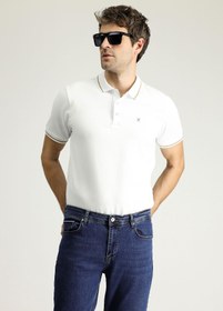 Resim Beyaz Polo Yaka Slim Fit Dar Kesim Nakışlı Süprem Pamuklu Tişört 