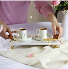 Resim Akayev Mermer Beyaz Altın Boncuk Ayak L Dizayn 30X20 CM Tepsi 