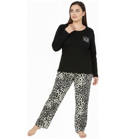 Resim Bravie Üstü Yazılı Altı Leopar Desenli Elite Viscose Uzun Büyük Beden Pijama Takımı Siyah 3588 Siyah 