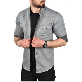 Resim Deepsea Erkek Gri Slim Fit Pamuklu Cepli Kot Gömlek Çıtçıtlı Uzun Kollu Spor Gömlek 2502503 Gri 