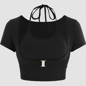 Resim Y2K Kabartmalı Kırpılmış Üst - Ayarlanabilir Halter Yaka ve Metalik Düğme Detaylı, Esnek Tek Renk Siyah Crop Gömlek Kadınlar İçin, Makinede Yıkanabilir Her Mevsim Kullanım, Günlük Giyim, Modern Moda, Kolay Bakım 