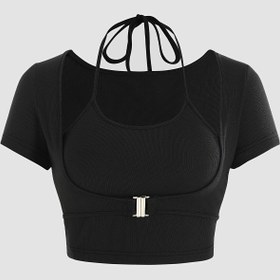 Resim Y2K Kabartmalı Kırpılmış Üst - Ayarlanabilir Halter Yaka ve Metalik Düğme Detaylı, Esnek Tek Renk Siyah Crop Gömlek Kadınlar İçin, Makinede Yıkanabilir Her Mevsim Kullanım, Günlük Giyim, Modern Moda, Kolay Bakım 