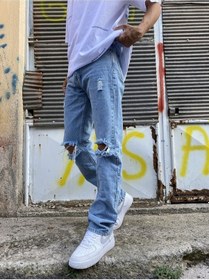 Resim Kot Rengi Dizi Yırtık Baggy Jean-Erkek Kot Mavi 