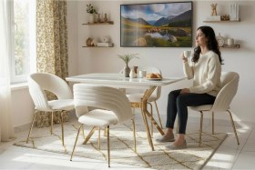 Resim Dengema Duman Açılır Masa Takımı Gri Mermer - Gold Metal Ayak 80 130 160 Cm, 4 Sandalyeli Gri Mermer - Gold Ayak 