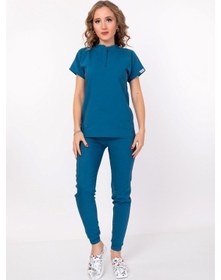 Resim Petrol Mavisi Çağla Soft Likra Çıt Çıtlı Hakim Yaka Doktor Takımı 