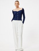 Resim Kalp Yaka Triko Kazak Gold Düğme Detaylı Uzun Kollu 