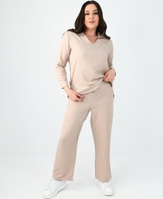 Resim Kadın Büyük Beden Keten Kumaş Polo Yaka İkili Takım 8071-24 - XL / Bej 