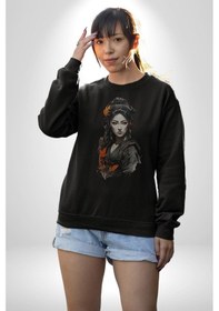Resim Japon Asyalı Samuray Kadın Unisex Siyah Baskılı Sweatshirt Siyah 