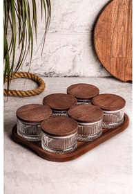 Resim Snippy Bella Yuvarlak 6'lı Vakum Kapaklı Tepsili Cam Kahvaltılık Ahşap - Şeffaf 