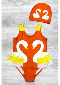 Resim My Kids Wear Zarif Kuğu Desenli Üç Kat Fırfır Detaylı Boneli Kız Çocuk Mayo Kırmızı - Beyaz 