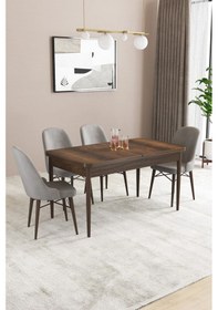 Resim Sar Pakete Almira Serisi, Barok Ahşap Desen 80x132 Açılabilir Mdf Mutfak Masası Takımı 4 Adet Sandalye Gri 