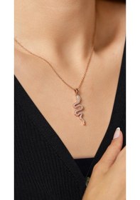 Resim Roza Silver Zirkon Taşlı Rose Yılan Gümüş Kolye 