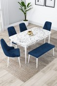 Resim Canisa Lia Serisi 80x132 Açılabilir Mutfak Masası Takımı Beyaz Mermer Masa 4 Lacivert Sandalye 1 Bench 