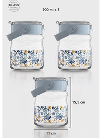 Resim Renga Mono 900 Ml Çiçek Desenli 3'lü Cam Kavanoz Seti 132065 Mavi 