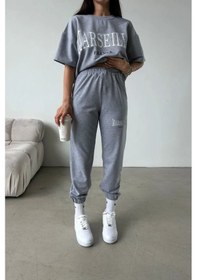 Resim Marseille T-shirt Eşofman Altı Jogger - Gri Baskılı Alt Üst Eşofman Takımı Oversize Bisiklet Yaka Gri 