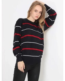 Resim Nnstartshopping Unisex İnce Çizgili Bisiklet Yaka Triko Kazak - Siyah Siyah 