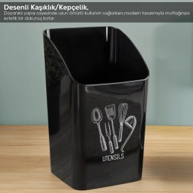Resim 2'li Tezgah Üstü Kaşıklık - Mutfak Organizer Düzenleyici Kepçelik Kaşık Bıçak Standı Siyah Beyaz 