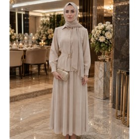 Resim Budan Export Kadın Gold Toka Kemer Detaylı Peplum Bluz Kloş Etekli Gömlek Yaka Uzun Kol Tesettür Ikili Takım 