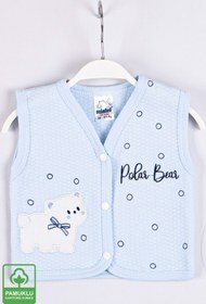 Resim Miniel Erkek Bebek Polar Bear Nakışlı Organik Pamuklu 1-3-6-9 Ay Kapitone Bebek Yelek - Mavi 