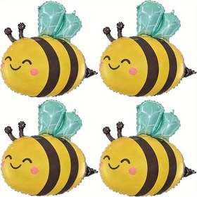Resim 4 adet Arı Temalı Alüminyum Folyo Balon, 78.74 cm - Yeşil Yapraklar ve Siyah Çizgilerle Sevimli Karikatür Arı Tasarımı, Doğum Günü Partileri, Gençler Duşları ve Arı Temalı Dekorasyonlar için Mükemmel, Arı Dekorasyonları 