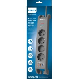 Resim Philips SPN4140GA Akım Korumalı Priz 4'lü + 2x Usb-A 18W + 1x Usb-C 20W - 2m Kablo 
