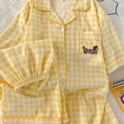 Resim Kadınlar için Rahat Sarı Ekose Kısa Kollu Pijama Takımı, Karikatür Ayı Cebi Tasarımı - Bahar ve Yaz için Mükemmel, Rahat Ev Giyimi, Rahat Giyim|Oyun Sever Tasarım|Kısa Kollu Gömlek, Pijamalar 