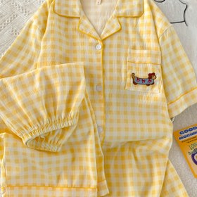 Resim Kadınlar için Rahat Sarı Ekose Kısa Kollu Pijama Takımı, Karikatür Ayı Cebi Tasarımı - Bahar ve Yaz için Mükemmel, Rahat Ev Giyimi, Rahat Giyim|Oyun Sever Tasarım|Kısa Kollu Gömlek, Pijamalar 