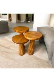 Resim Simillo Home&Living Wood Wooden Ahşap 3’lü Set Fitilli Mantar Yan Sehpa Modern Tik Ağacı Renk Fiskos 