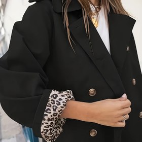 Resim Kadınlar İçin Şık Leopar Desenli Çift Sıra Düğmeli Ceket - H-Line Siluet Bol Kesim Blazer, Yaka Detaylı ve Altın Tonlu Düğmeler, İlkbahar/Sonbahar İçin Yapılandırılmış Yaka Ceket (Siyah, Makinede Yıkanabilir Dış Kumaş) 
