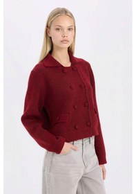 Resim DeFacto Regular Fit Polo Yaka Basic Düz Düğmeli Triko Hırka E2289AX24WNBR93 Bordo 
