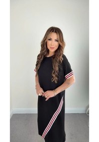 Resim Defymoda Kadın Kol Ve Etek Şerit Detaylı Midi Boy Elbise Siyah 